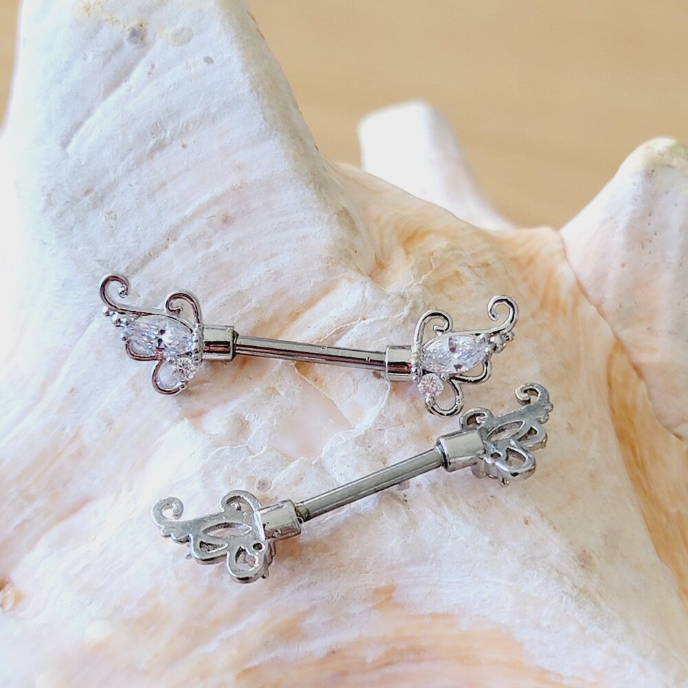 Pair butterfly wing ends NWT nipple bars clear CZ gems